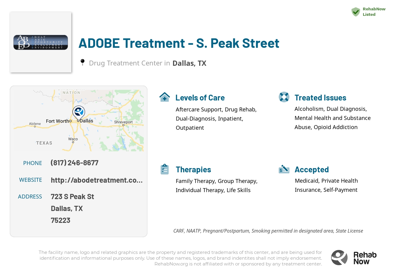 Helpful reference information for ADOBE Treatment - S. Peak Street, a drug treatment center in Texas located at: 723 S Peak St, Dallas, TX 75223, including phone numbers, official website, and more. Listed briefly is an overview of Levels of Care, Therapies Offered, Issues Treated, and accepted forms of Payment Methods.