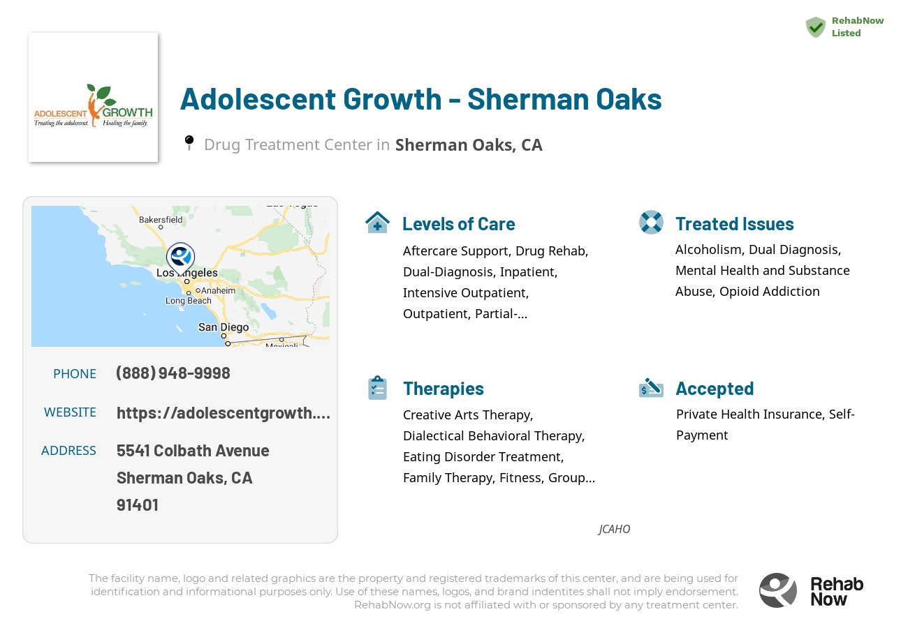 Helpful reference information for Adolescent Growth - Sherman Oaks, a drug treatment center in California located at: 5541 Colbath Avenue, Sherman Oaks, CA, 91401, including phone numbers, official website, and more. Listed briefly is an overview of Levels of Care, Therapies Offered, Issues Treated, and accepted forms of Payment Methods.