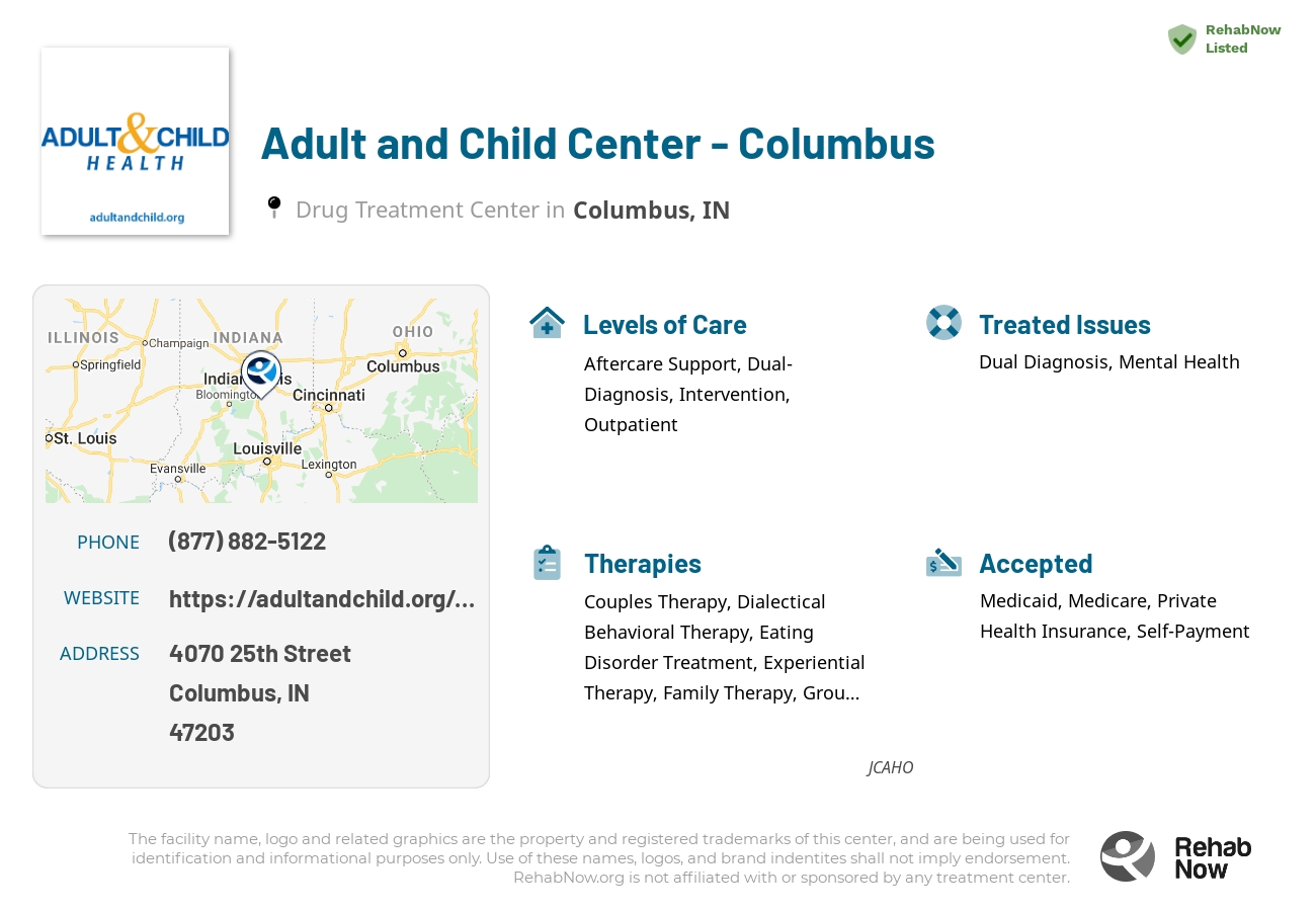 Helpful reference information for Adult and Child Center - Columbus, a drug treatment center in Indiana located at: 4070 25th Street, Columbus, IN, 47203, including phone numbers, official website, and more. Listed briefly is an overview of Levels of Care, Therapies Offered, Issues Treated, and accepted forms of Payment Methods.