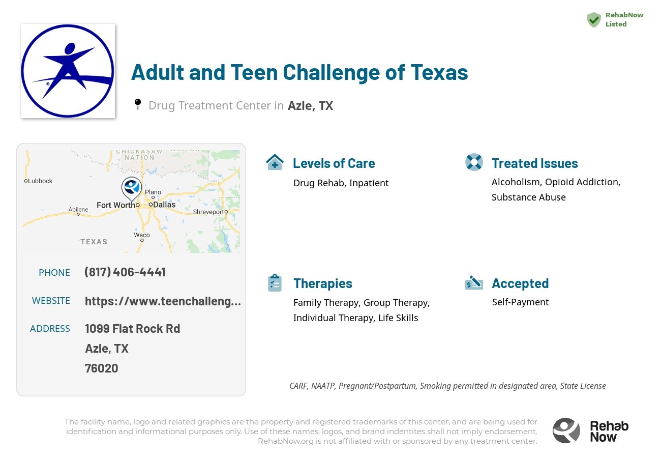 Helpful reference information for Adult and Teen Challenge of Texas, a drug treatment center in Texas located at: 1099 Flat Rock Rd, Azle, TX 76020, including phone numbers, official website, and more. Listed briefly is an overview of Levels of Care, Therapies Offered, Issues Treated, and accepted forms of Payment Methods.