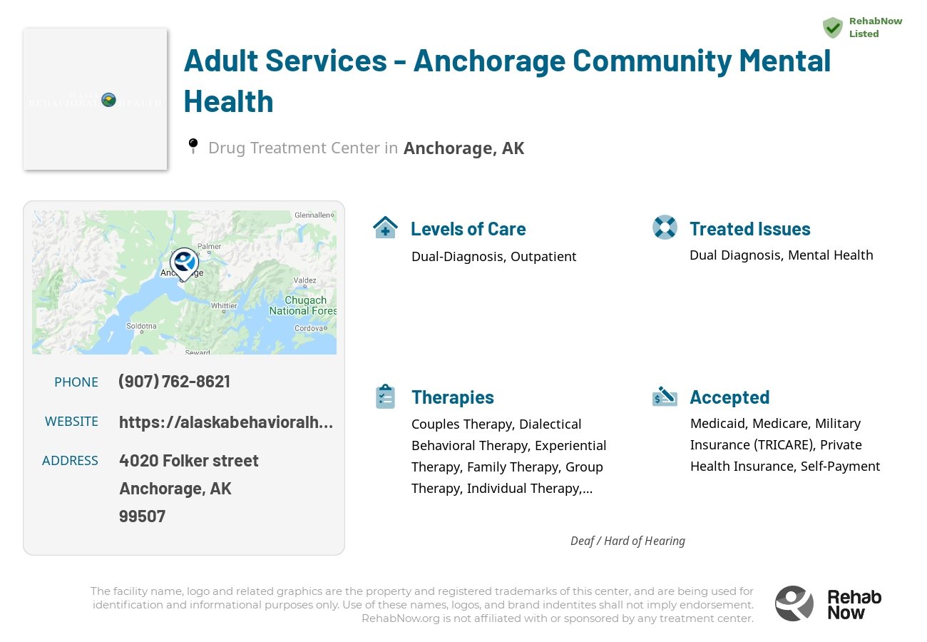 Helpful reference information for Adult Services - Anchorage Community Mental Health, a drug treatment center in Alaska located at: 4020 Folker street, Anchorage, AK, 99507, including phone numbers, official website, and more. Listed briefly is an overview of Levels of Care, Therapies Offered, Issues Treated, and accepted forms of Payment Methods.