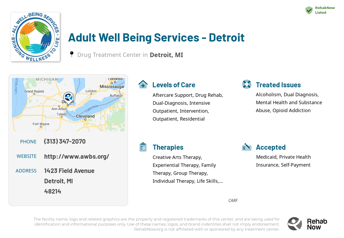 Helpful reference information for Adult Well Being Services - Detroit, a drug treatment center in Michigan located at: 1423 Field Avenue, Detroit, MI, 48214, including phone numbers, official website, and more. Listed briefly is an overview of Levels of Care, Therapies Offered, Issues Treated, and accepted forms of Payment Methods.