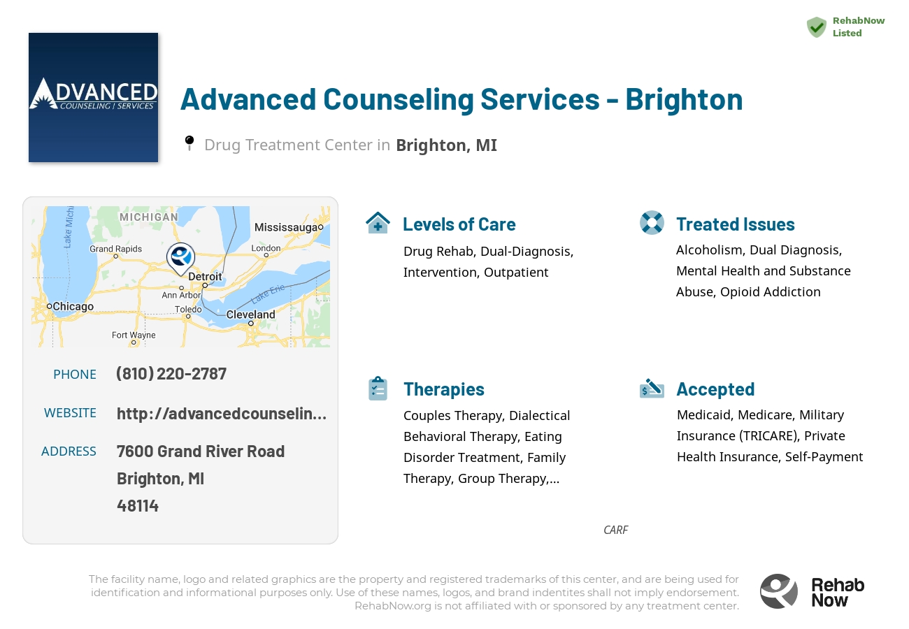 Helpful reference information for Advanced Counseling Services - Brighton, a drug treatment center in Michigan located at: 7600 Grand River Road, Brighton, MI, 48114, including phone numbers, official website, and more. Listed briefly is an overview of Levels of Care, Therapies Offered, Issues Treated, and accepted forms of Payment Methods.
