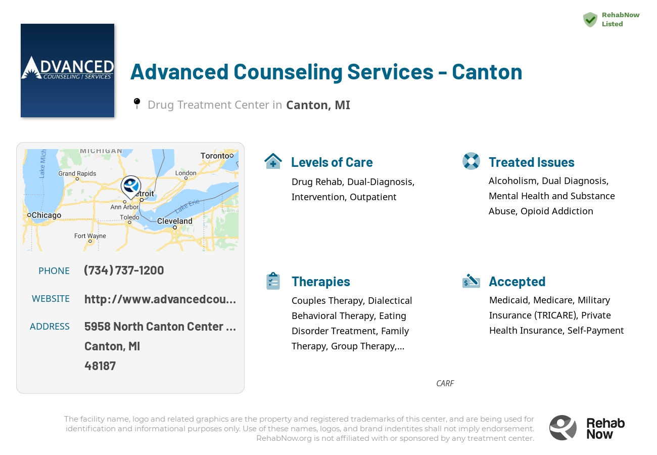 Helpful reference information for Advanced Counseling Services - Canton, a drug treatment center in Michigan located at: 5958 North Canton Center Road, Canton, MI, 48187, including phone numbers, official website, and more. Listed briefly is an overview of Levels of Care, Therapies Offered, Issues Treated, and accepted forms of Payment Methods.