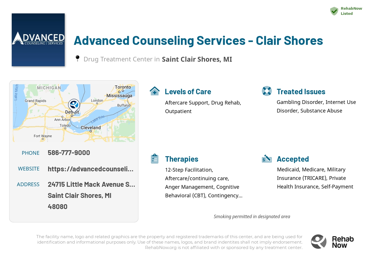 Helpful reference information for Advanced Counseling Services - Clair Shores, a drug treatment center in Michigan located at: 24715 Little Mack Avenue Suite 200, Saint Clair Shores, MI 48080, including phone numbers, official website, and more. Listed briefly is an overview of Levels of Care, Therapies Offered, Issues Treated, and accepted forms of Payment Methods.