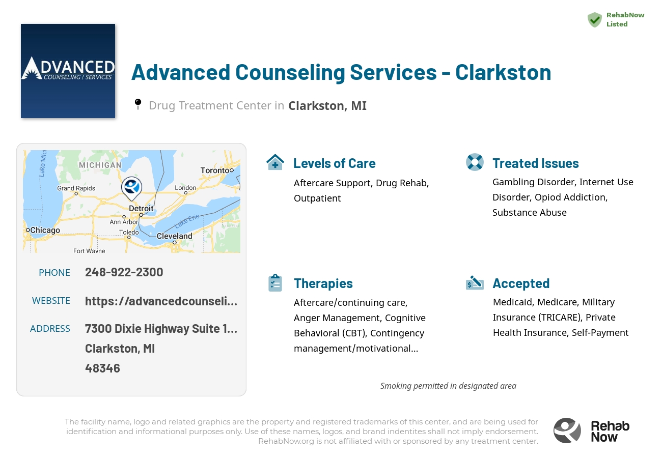 Helpful reference information for Advanced Counseling Services - Clarkston, a drug treatment center in Michigan located at: 7300 Dixie Highway Suite 1000, Clarkston, MI 48346, including phone numbers, official website, and more. Listed briefly is an overview of Levels of Care, Therapies Offered, Issues Treated, and accepted forms of Payment Methods.
