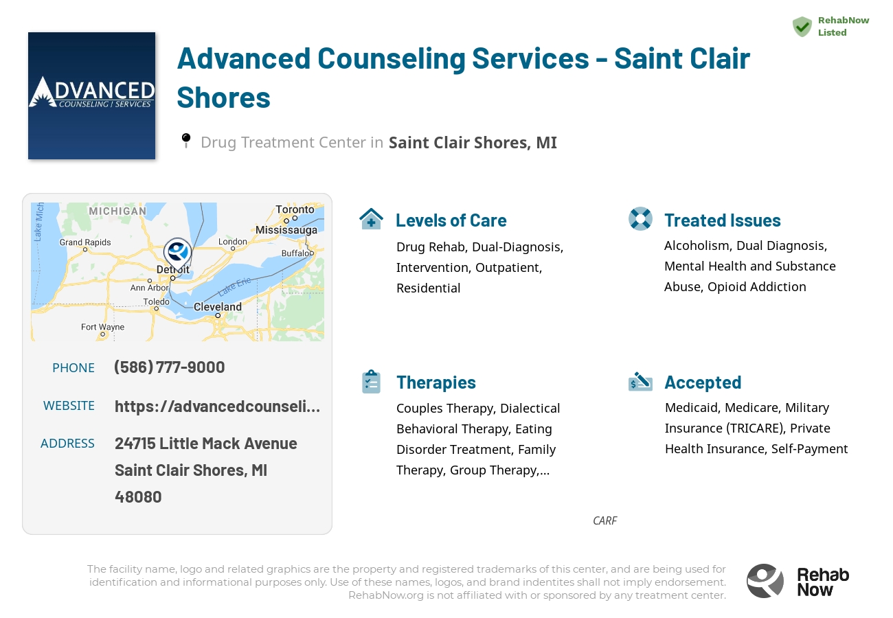 Helpful reference information for Advanced Counseling Services - Saint Clair Shores, a drug treatment center in Michigan located at: 24715 Little Mack Avenue, Saint Clair Shores, MI, 48080, including phone numbers, official website, and more. Listed briefly is an overview of Levels of Care, Therapies Offered, Issues Treated, and accepted forms of Payment Methods.