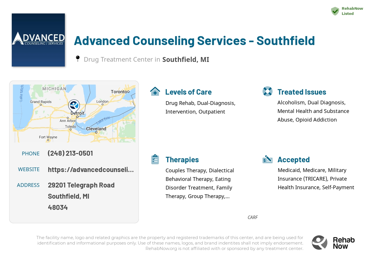 Helpful reference information for Advanced Counseling Services - Southfield, a drug treatment center in Michigan located at: 29201 Telegraph Road, Southfield, MI, 48034, including phone numbers, official website, and more. Listed briefly is an overview of Levels of Care, Therapies Offered, Issues Treated, and accepted forms of Payment Methods.