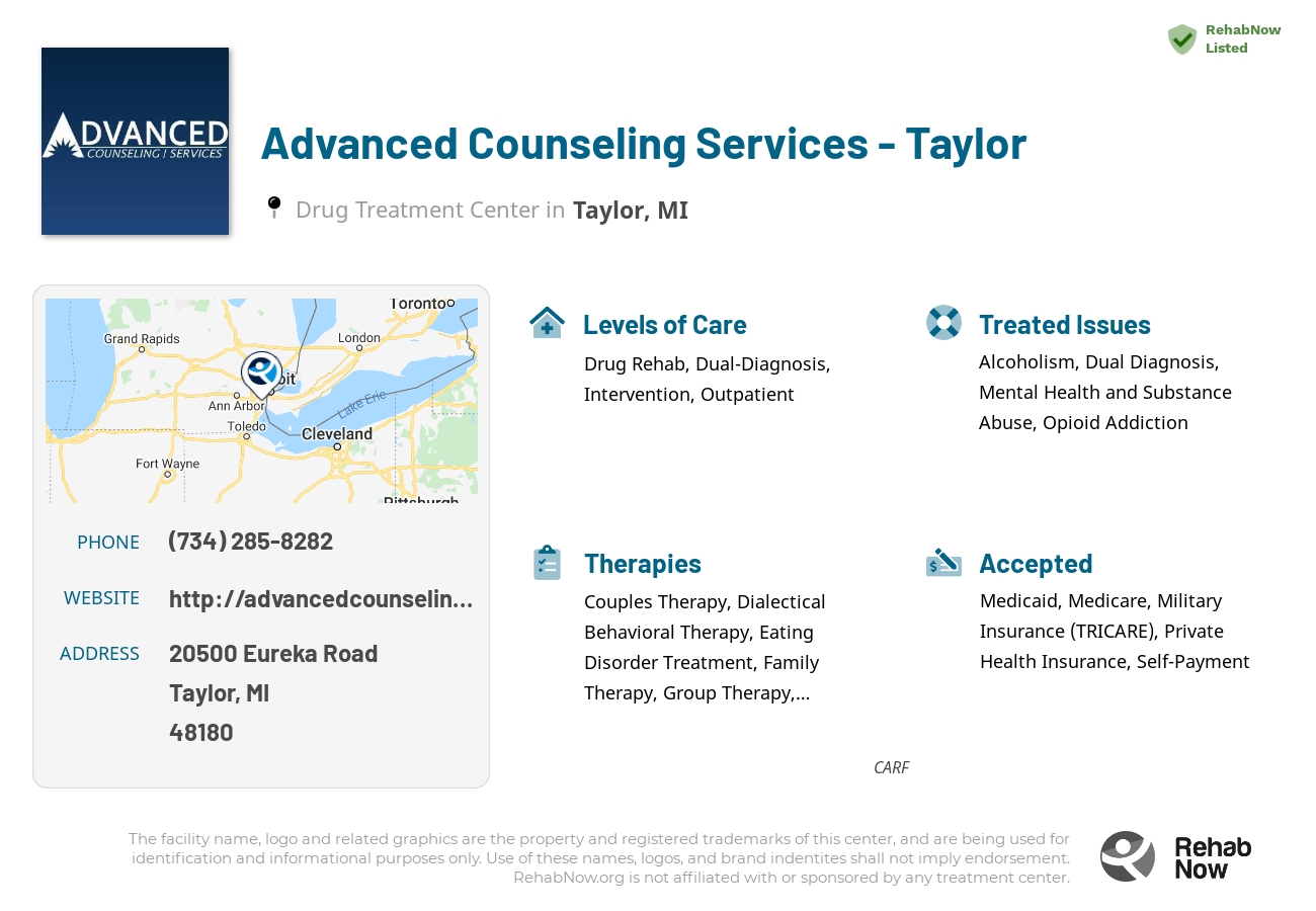 Helpful reference information for Advanced Counseling Services - Taylor, a drug treatment center in Michigan located at: 20500 Eureka Road, Taylor, MI, 48180, including phone numbers, official website, and more. Listed briefly is an overview of Levels of Care, Therapies Offered, Issues Treated, and accepted forms of Payment Methods.