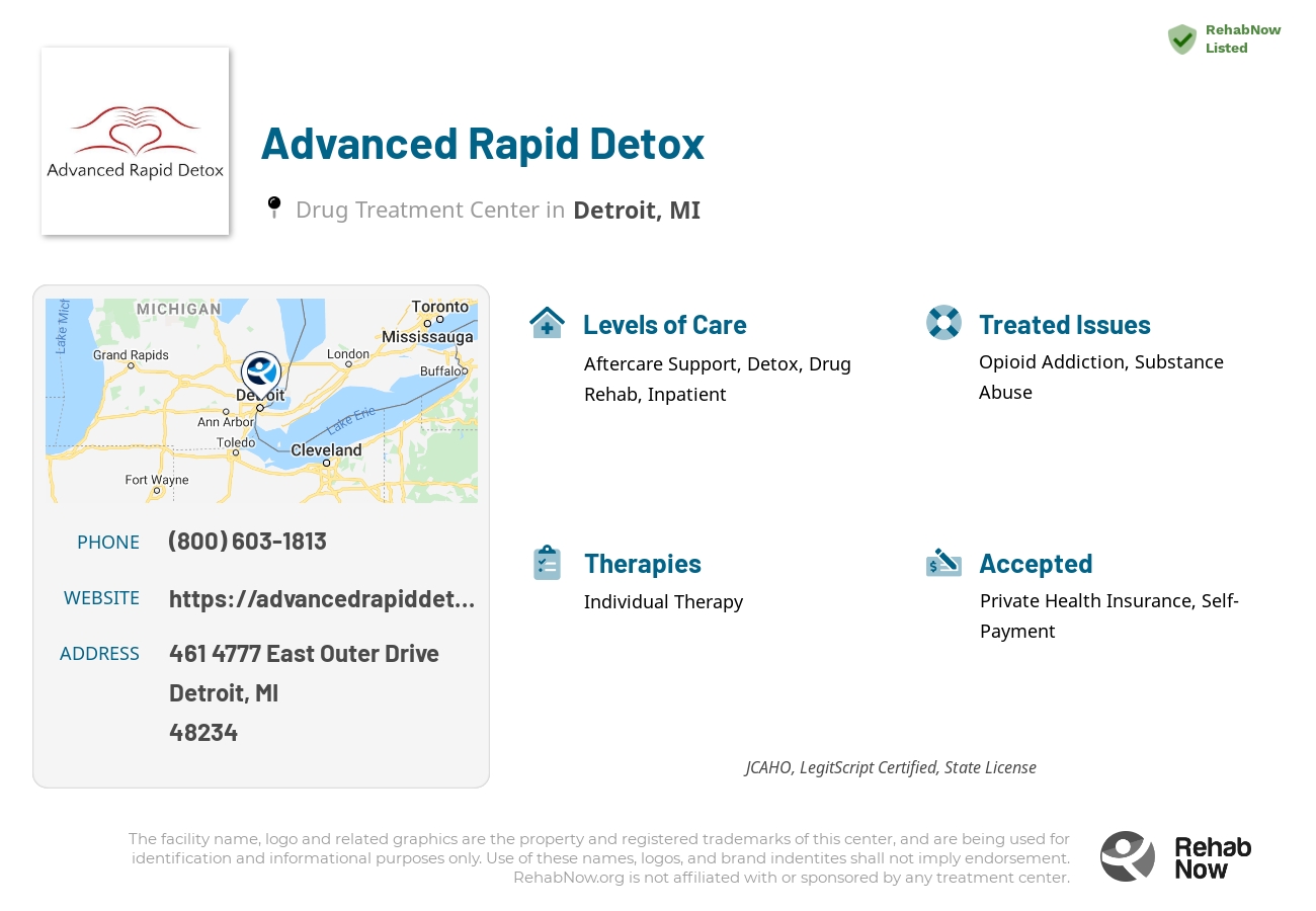Helpful reference information for Advanced Rapid Detox, a drug treatment center in Michigan located at: 461 4777 East Outer Drive, Detroit, MI 48234, including phone numbers, official website, and more. Listed briefly is an overview of Levels of Care, Therapies Offered, Issues Treated, and accepted forms of Payment Methods.