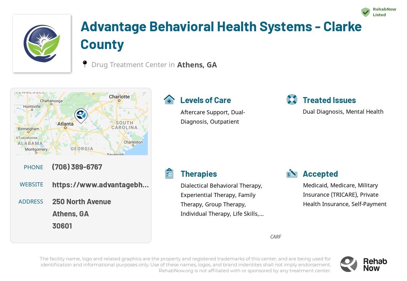Helpful reference information for Advantage Behavioral Health Systems - Clarke County, a drug treatment center in Georgia located at: 250 250 North Avenue, Athens, GA 30601, including phone numbers, official website, and more. Listed briefly is an overview of Levels of Care, Therapies Offered, Issues Treated, and accepted forms of Payment Methods.