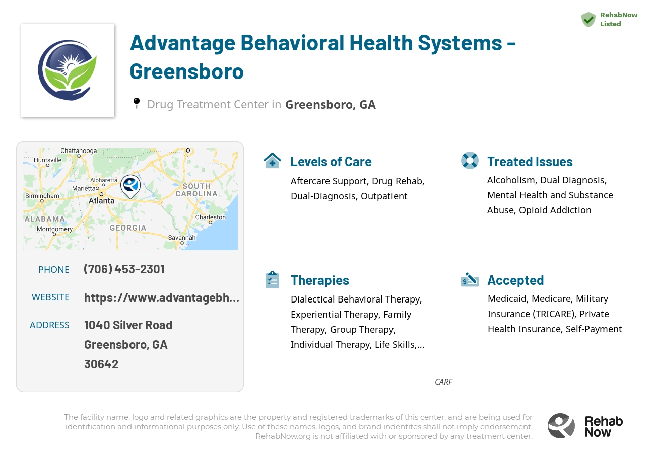 Helpful reference information for Advantage Behavioral Health Systems - Greensboro, a drug treatment center in Georgia located at: 1040 Silver Road, Greensboro, GA 30642, including phone numbers, official website, and more. Listed briefly is an overview of Levels of Care, Therapies Offered, Issues Treated, and accepted forms of Payment Methods.
