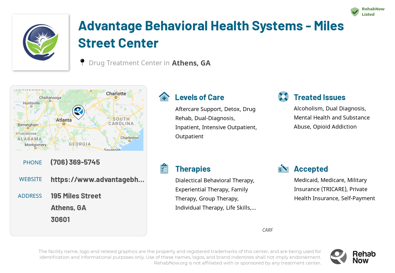 Helpful reference information for Advantage Behavioral Health Systems - Miles Street Center, a drug treatment center in Georgia located at: 195 195 Miles Street, Athens, GA 30601, including phone numbers, official website, and more. Listed briefly is an overview of Levels of Care, Therapies Offered, Issues Treated, and accepted forms of Payment Methods.