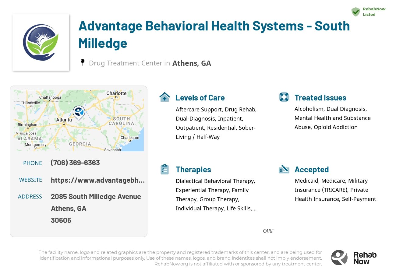 Helpful reference information for Advantage Behavioral Health Systems - South Milledge, a drug treatment center in Georgia located at: 2085 2085 South Milledge Avenue, Athens, GA 30605, including phone numbers, official website, and more. Listed briefly is an overview of Levels of Care, Therapies Offered, Issues Treated, and accepted forms of Payment Methods.