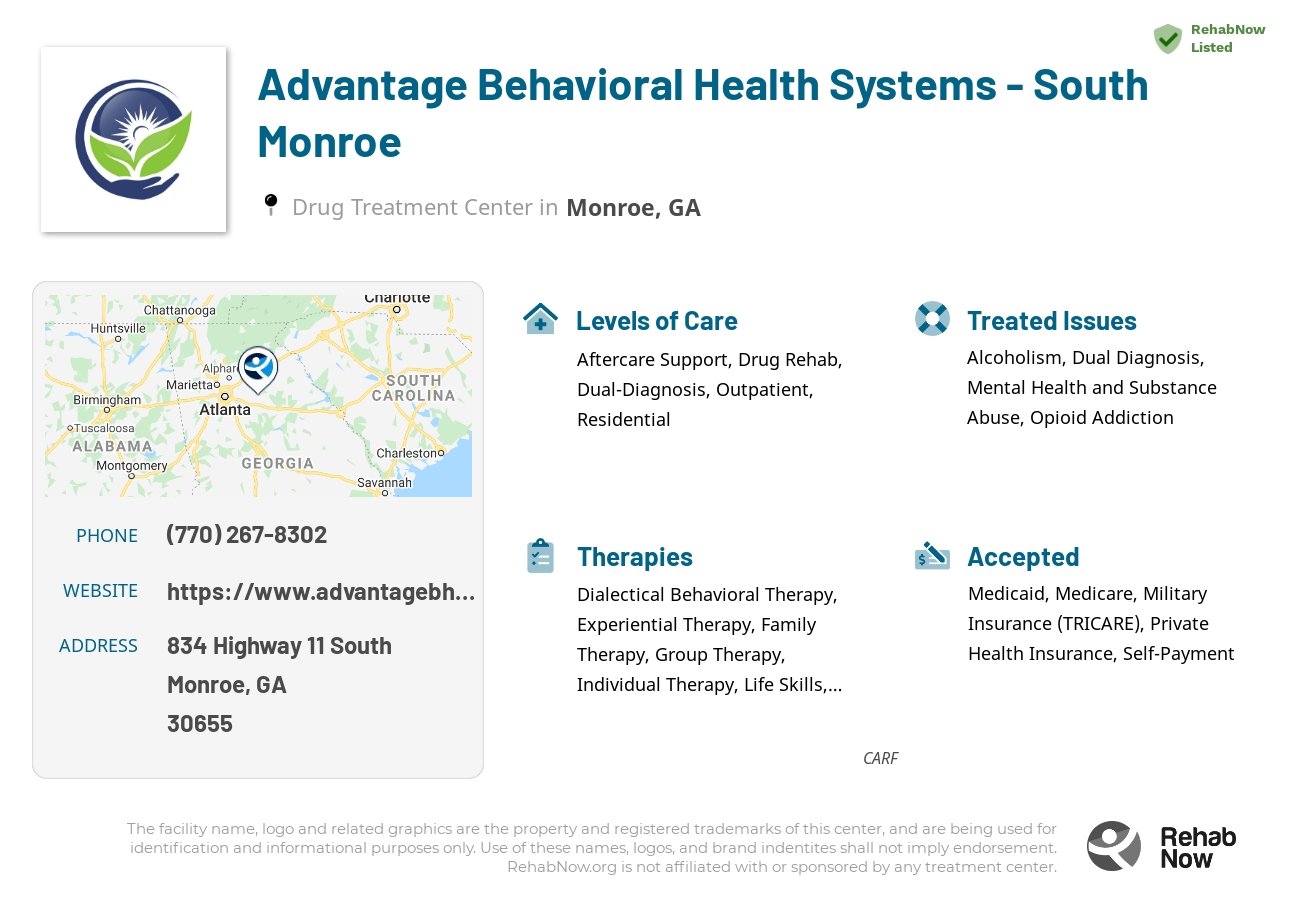 Helpful reference information for Advantage Behavioral Health Systems - South Monroe, a drug treatment center in Georgia located at: 834 834 Highway 11 South, Monroe, GA 30655, including phone numbers, official website, and more. Listed briefly is an overview of Levels of Care, Therapies Offered, Issues Treated, and accepted forms of Payment Methods.