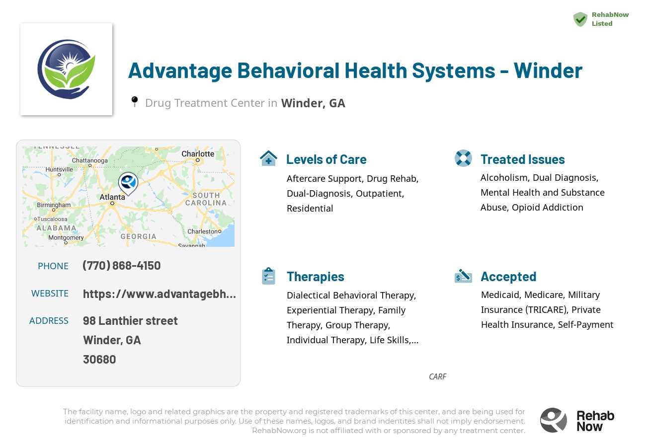 Helpful reference information for Advantage Behavioral Health Systems - Winder, a drug treatment center in Georgia located at: 98 Lanthier street, Winder, GA 30680, including phone numbers, official website, and more. Listed briefly is an overview of Levels of Care, Therapies Offered, Issues Treated, and accepted forms of Payment Methods.