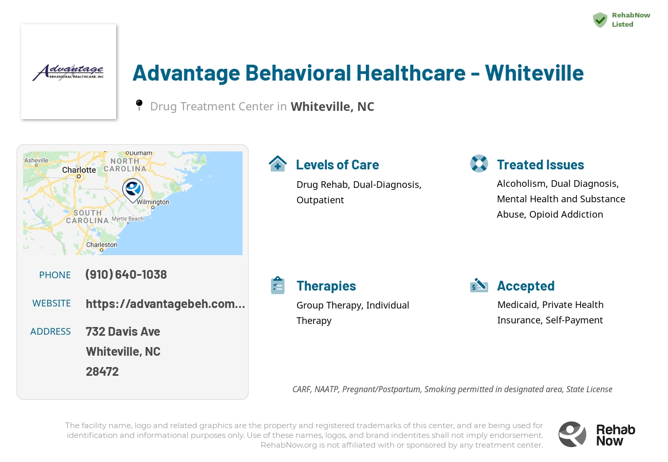 Helpful reference information for Advantage Behavioral Healthcare - Whiteville, a drug treatment center in North Carolina located at: 732 Davis Ave, Whiteville, NC 28472, including phone numbers, official website, and more. Listed briefly is an overview of Levels of Care, Therapies Offered, Issues Treated, and accepted forms of Payment Methods.
