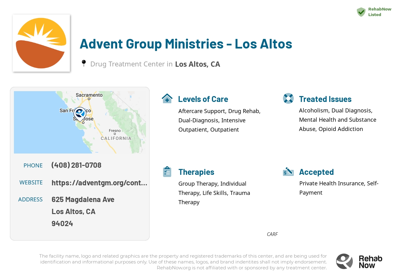 Helpful reference information for Advent Group Ministries - Los Altos, a drug treatment center in California located at: 625 Magdalena Ave, Los Altos, CA 94024, including phone numbers, official website, and more. Listed briefly is an overview of Levels of Care, Therapies Offered, Issues Treated, and accepted forms of Payment Methods.