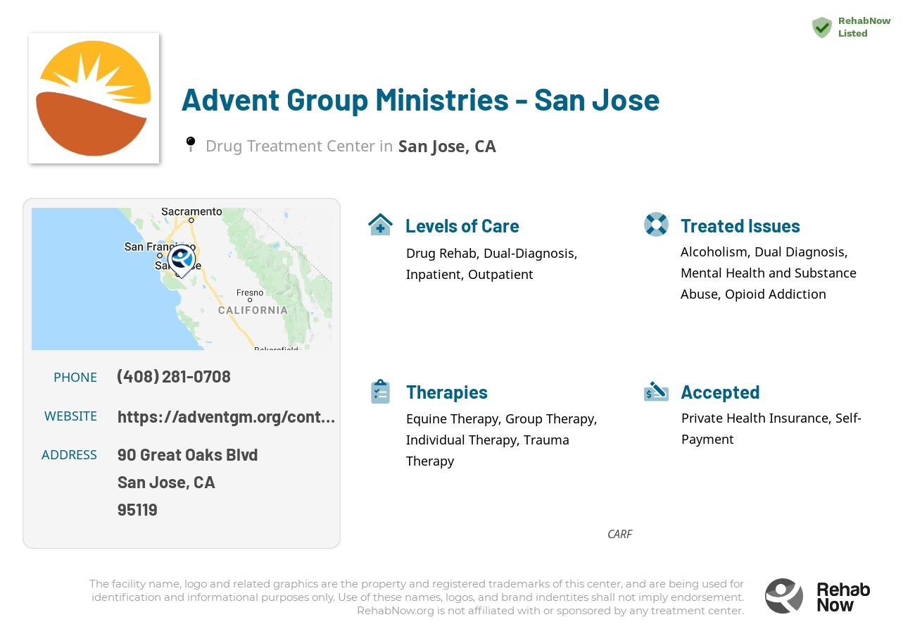 Helpful reference information for Advent Group Ministries - San Jose, a drug treatment center in California located at: 90 Great Oaks Blvd, San Jose, CA 95119, including phone numbers, official website, and more. Listed briefly is an overview of Levels of Care, Therapies Offered, Issues Treated, and accepted forms of Payment Methods.