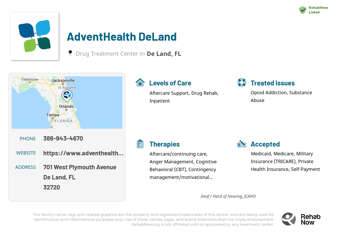 Helpful reference information for AdventHealth DeLand, a drug treatment center in Florida located at: 701 West Plymouth Avenue, De Land, FL 32720, including phone numbers, official website, and more. Listed briefly is an overview of Levels of Care, Therapies Offered, Issues Treated, and accepted forms of Payment Methods.