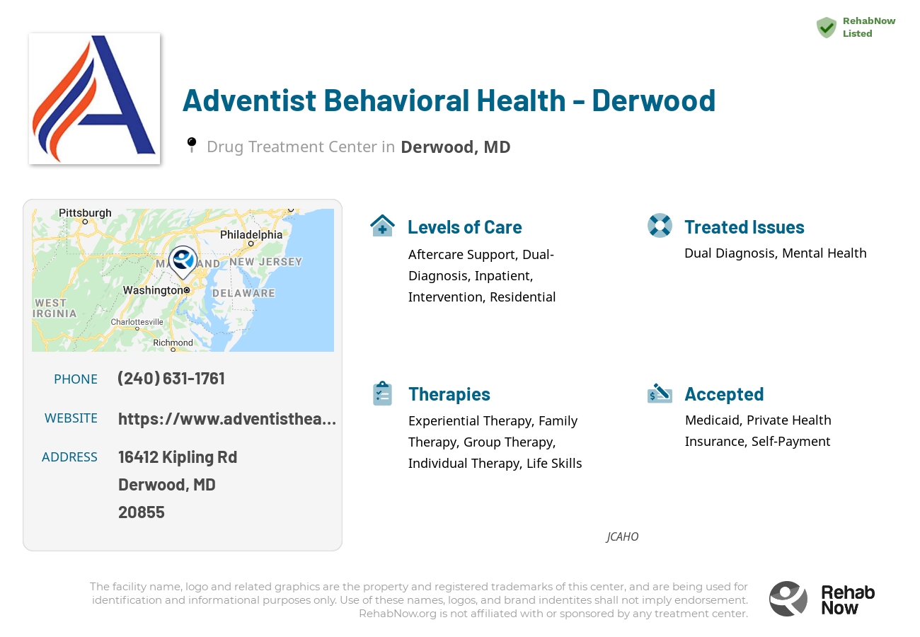 Helpful reference information for Adventist Behavioral Health - Derwood, a drug treatment center in Maryland located at: 16412 Kipling Rd, Derwood, MD 20855, including phone numbers, official website, and more. Listed briefly is an overview of Levels of Care, Therapies Offered, Issues Treated, and accepted forms of Payment Methods.