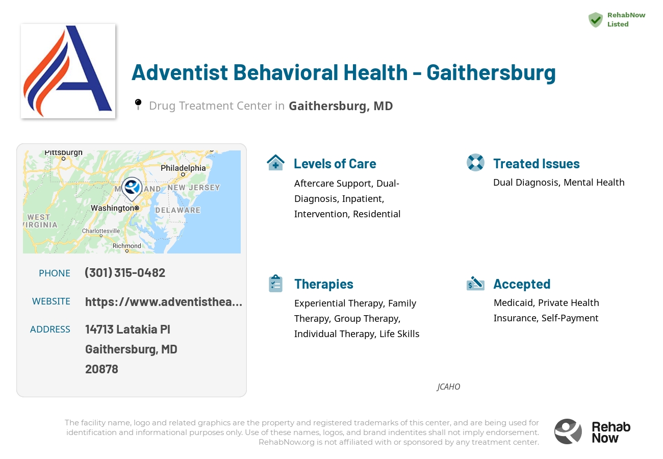 Helpful reference information for Adventist Behavioral Health - Gaithersburg, a drug treatment center in Maryland located at: 14713 Latakia Pl, Gaithersburg, MD 20878, including phone numbers, official website, and more. Listed briefly is an overview of Levels of Care, Therapies Offered, Issues Treated, and accepted forms of Payment Methods.