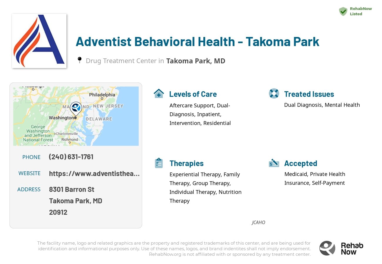 Helpful reference information for Adventist Behavioral Health - Takoma Park, a drug treatment center in Maryland located at: 8301 Barron St, Takoma Park, MD 20912, including phone numbers, official website, and more. Listed briefly is an overview of Levels of Care, Therapies Offered, Issues Treated, and accepted forms of Payment Methods.