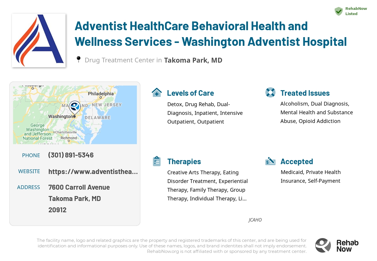 Helpful reference information for Adventist HealthCare Behavioral Health and Wellness Services - Washington Adventist Hospital, a drug treatment center in Maryland located at: 7600 Carroll Avenue, Takoma Park, MD, 20912, including phone numbers, official website, and more. Listed briefly is an overview of Levels of Care, Therapies Offered, Issues Treated, and accepted forms of Payment Methods.