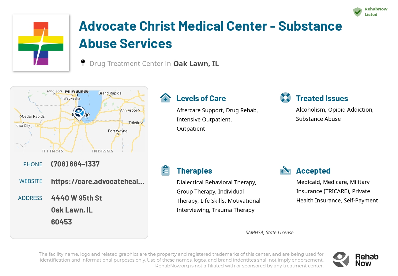 Helpful reference information for Advocate Christ Medical Center - Substance Abuse Services, a drug treatment center in Illinois located at: 4440 W 95th St, Oak Lawn, IL 60453, including phone numbers, official website, and more. Listed briefly is an overview of Levels of Care, Therapies Offered, Issues Treated, and accepted forms of Payment Methods.