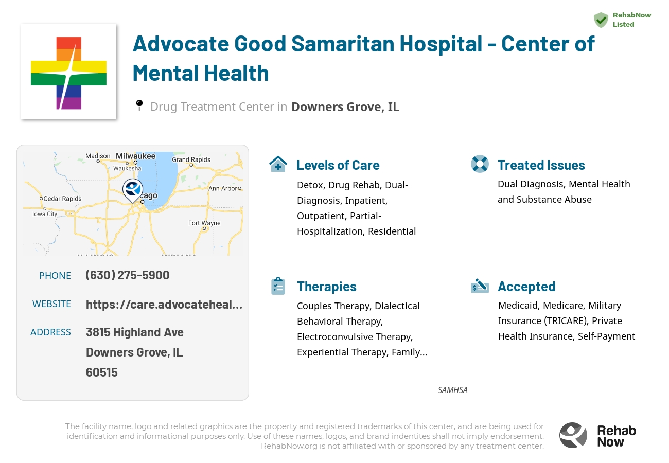 Helpful reference information for Advocate Good Samaritan Hospital - Center of Mental Health, a drug treatment center in Illinois located at: 3815 Highland Ave, Downers Grove, IL 60515, including phone numbers, official website, and more. Listed briefly is an overview of Levels of Care, Therapies Offered, Issues Treated, and accepted forms of Payment Methods.