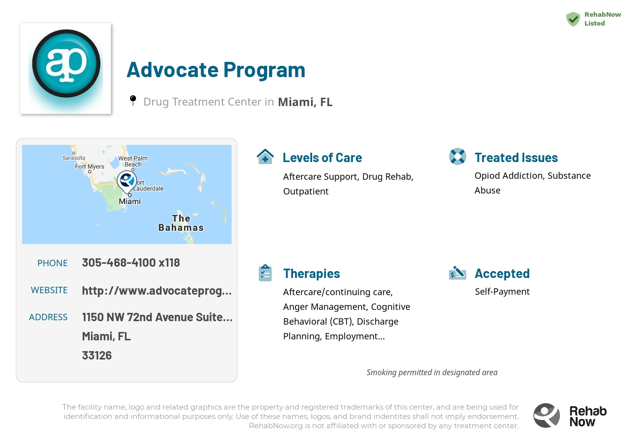 Helpful reference information for Advocate Program, a drug treatment center in Florida located at: 1150 NW 72nd Avenue Suite 200, Miami, FL 33126, including phone numbers, official website, and more. Listed briefly is an overview of Levels of Care, Therapies Offered, Issues Treated, and accepted forms of Payment Methods.