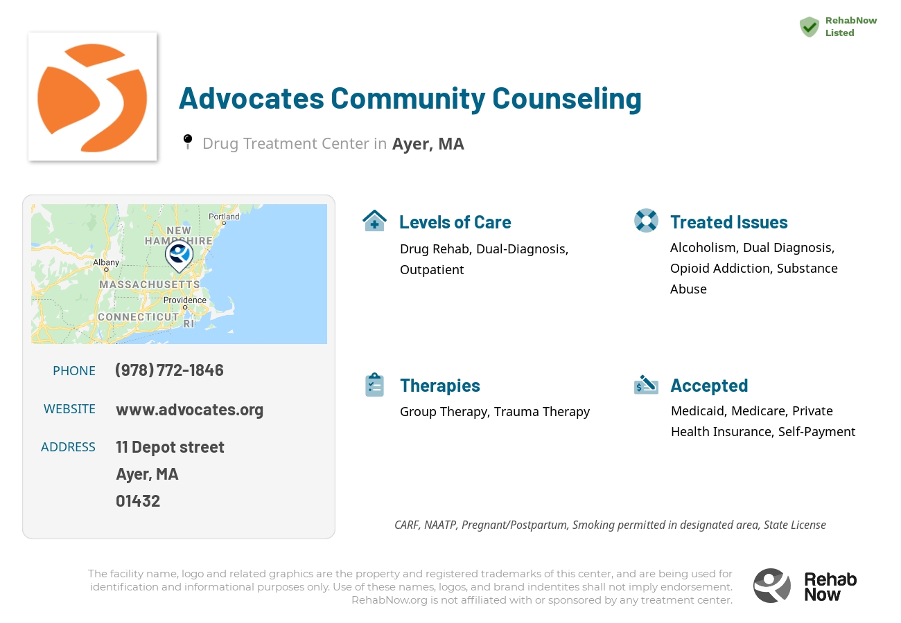Helpful reference information for Advocates Community Counseling, a drug treatment center in Massachusetts located at: 11 Depot street, Ayer, MA, 01432, including phone numbers, official website, and more. Listed briefly is an overview of Levels of Care, Therapies Offered, Issues Treated, and accepted forms of Payment Methods.