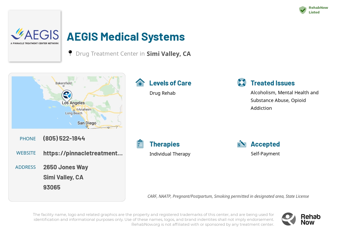 Helpful reference information for AEGIS Medical Systems, a drug treatment center in California located at: 2650 Jones Way Suite 10, Simi Valley, CA, 93065, including phone numbers, official website, and more. Listed briefly is an overview of Levels of Care, Therapies Offered, Issues Treated, and accepted forms of Payment Methods.