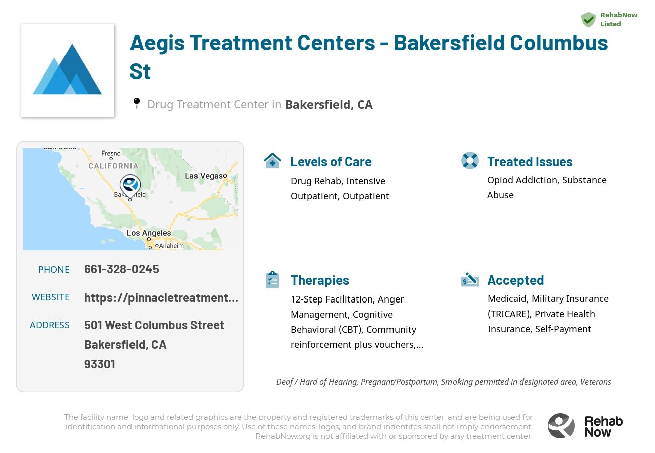 Helpful reference information for Aegis Treatment Centers - Bakersfield Columbus St, a drug treatment center in California located at: 501 West Columbus Street, Bakersfield, CA 93301, including phone numbers, official website, and more. Listed briefly is an overview of Levels of Care, Therapies Offered, Issues Treated, and accepted forms of Payment Methods.