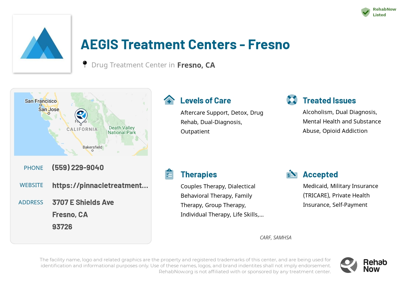 Helpful reference information for AEGIS Treatment Centers - Fresno, a drug treatment center in California located at: 3707 E Shields Ave, Fresno, CA 93726, including phone numbers, official website, and more. Listed briefly is an overview of Levels of Care, Therapies Offered, Issues Treated, and accepted forms of Payment Methods.