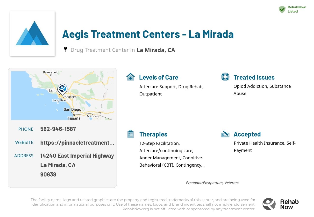 Helpful reference information for Aegis Treatment Centers - La Mirada, a drug treatment center in California located at: 14240 East Imperial Highway, La Mirada, CA 90638, including phone numbers, official website, and more. Listed briefly is an overview of Levels of Care, Therapies Offered, Issues Treated, and accepted forms of Payment Methods.