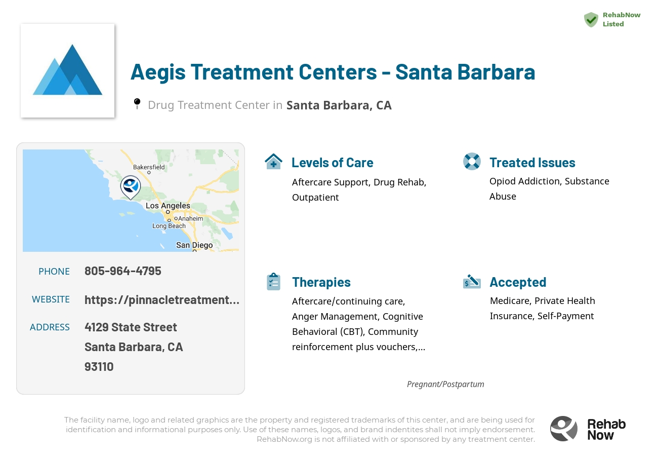 Helpful reference information for Aegis Treatment Centers - Santa Barbara, a drug treatment center in California located at: 4129 State Street, Santa Barbara, CA 93110, including phone numbers, official website, and more. Listed briefly is an overview of Levels of Care, Therapies Offered, Issues Treated, and accepted forms of Payment Methods.