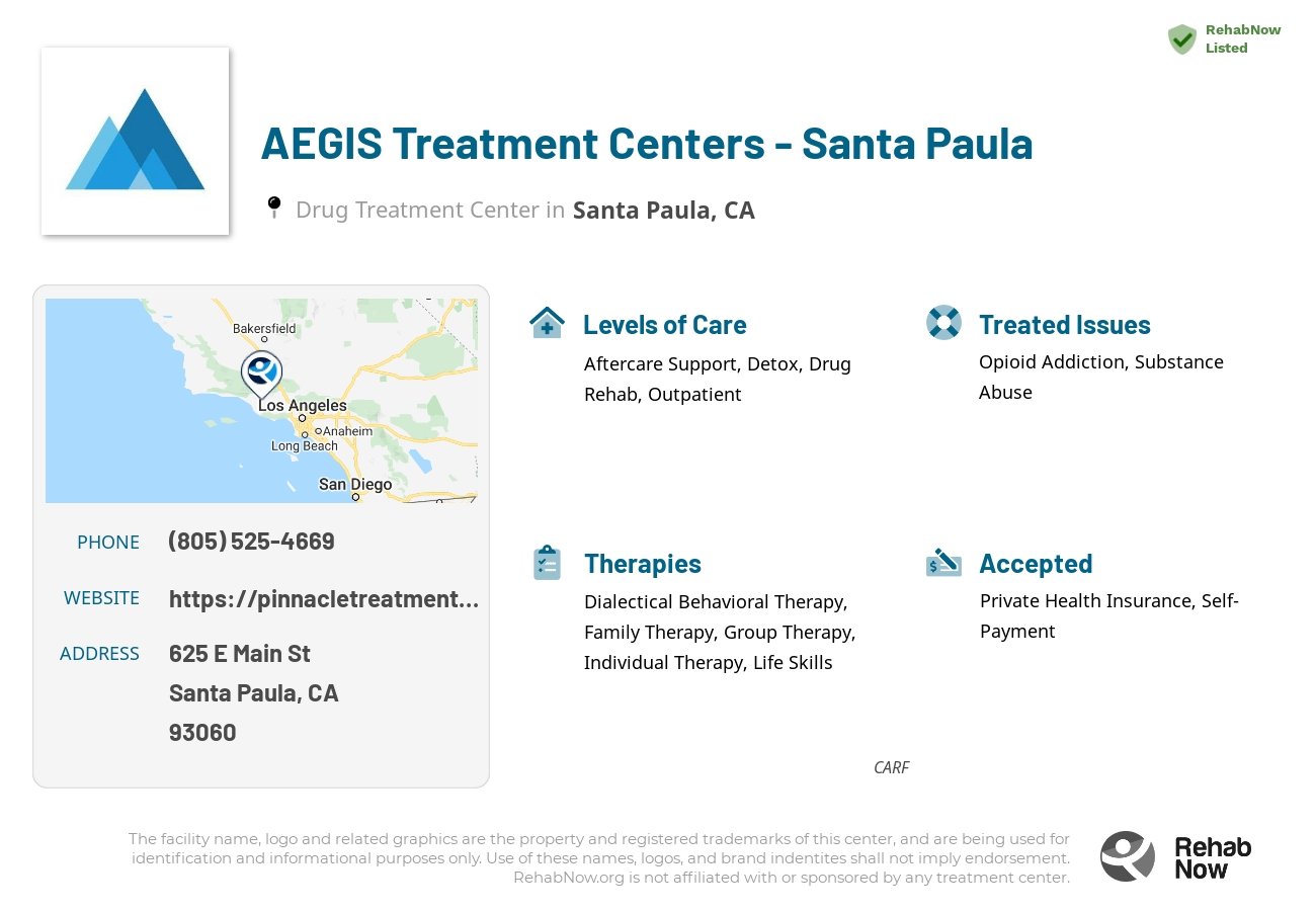 Helpful reference information for AEGIS Treatment Centers - Santa Paula, a drug treatment center in California located at: 625 E Main St, Santa Paula, CA 93060, including phone numbers, official website, and more. Listed briefly is an overview of Levels of Care, Therapies Offered, Issues Treated, and accepted forms of Payment Methods.