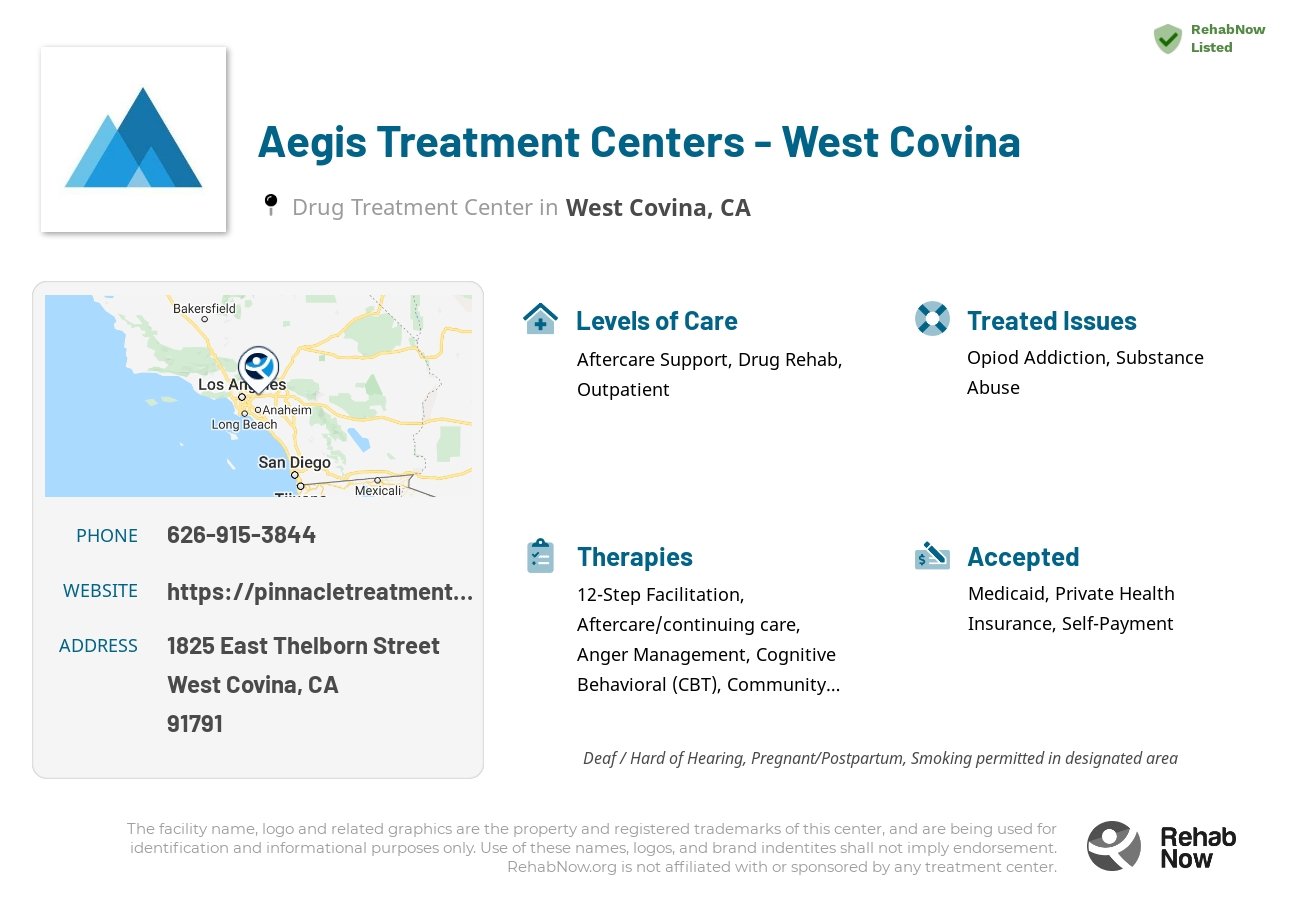 Helpful reference information for Aegis Treatment Centers - West Covina, a drug treatment center in California located at: 1825 East Thelborn Street, West Covina, CA 91791, including phone numbers, official website, and more. Listed briefly is an overview of Levels of Care, Therapies Offered, Issues Treated, and accepted forms of Payment Methods.