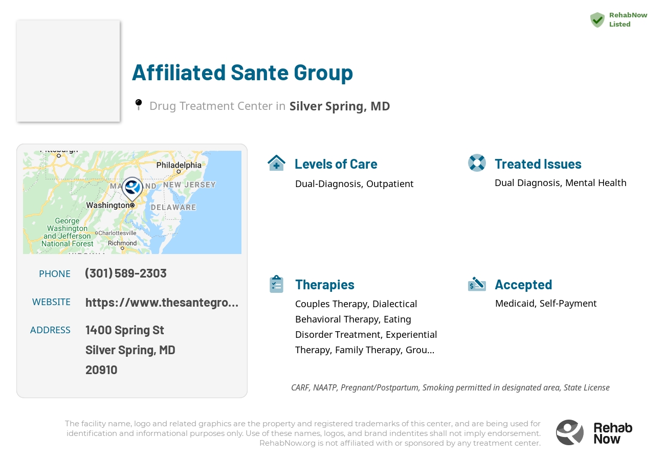 Helpful reference information for Affiliated Sante Group, a drug treatment center in Maryland located at: 1400 Spring St, Silver Spring, MD 20910, including phone numbers, official website, and more. Listed briefly is an overview of Levels of Care, Therapies Offered, Issues Treated, and accepted forms of Payment Methods.