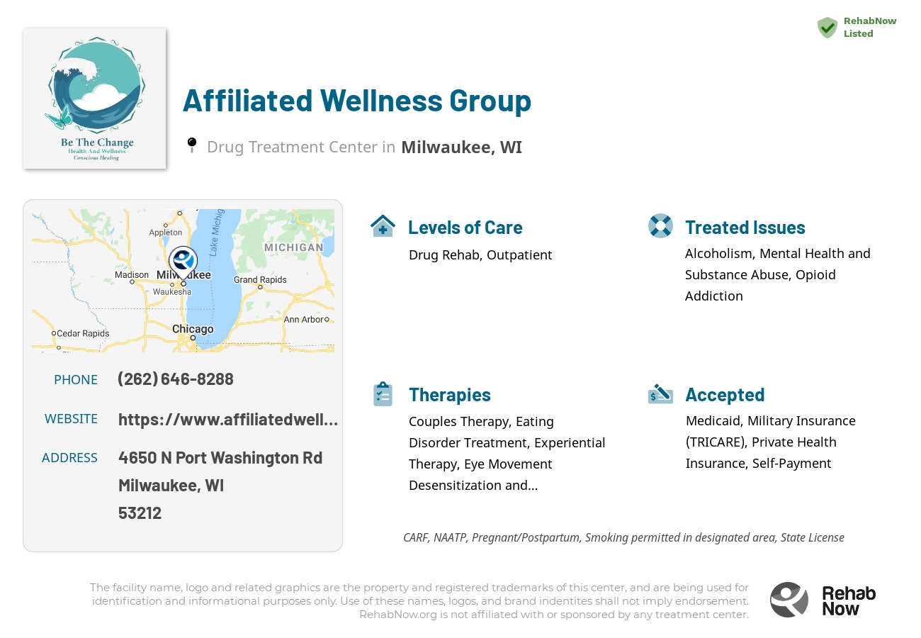 Helpful reference information for Affiliated Wellness Group, a drug treatment center in Wisconsin located at: 4650 N Port Washington Rd, Milwaukee, WI 53212, including phone numbers, official website, and more. Listed briefly is an overview of Levels of Care, Therapies Offered, Issues Treated, and accepted forms of Payment Methods.
