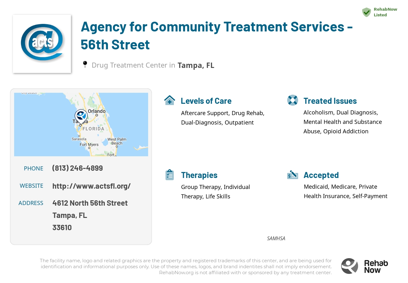 Helpful reference information for Agency for Community Treatment Services - 56th Street, a drug treatment center in Florida located at: 4612 North 56th Street, Tampa, FL, 33610, including phone numbers, official website, and more. Listed briefly is an overview of Levels of Care, Therapies Offered, Issues Treated, and accepted forms of Payment Methods.