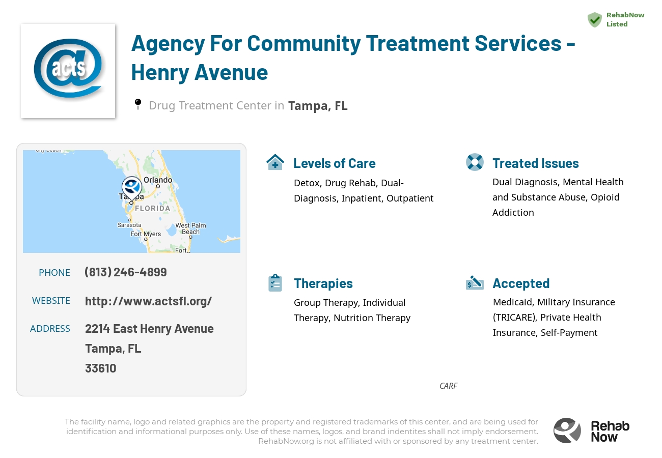 Helpful reference information for Agency For Community Treatment Services - Henry Avenue, a drug treatment center in Florida located at: 2214 East Henry Avenue, Tampa, FL, 33610, including phone numbers, official website, and more. Listed briefly is an overview of Levels of Care, Therapies Offered, Issues Treated, and accepted forms of Payment Methods.