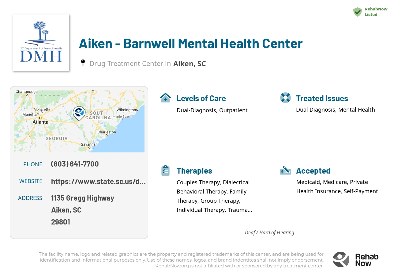 Helpful reference information for Aiken - Barnwell Mental Health Center, a drug treatment center in South Carolina located at: 1135 1135 Gregg Highway, Aiken, SC 29801, including phone numbers, official website, and more. Listed briefly is an overview of Levels of Care, Therapies Offered, Issues Treated, and accepted forms of Payment Methods.