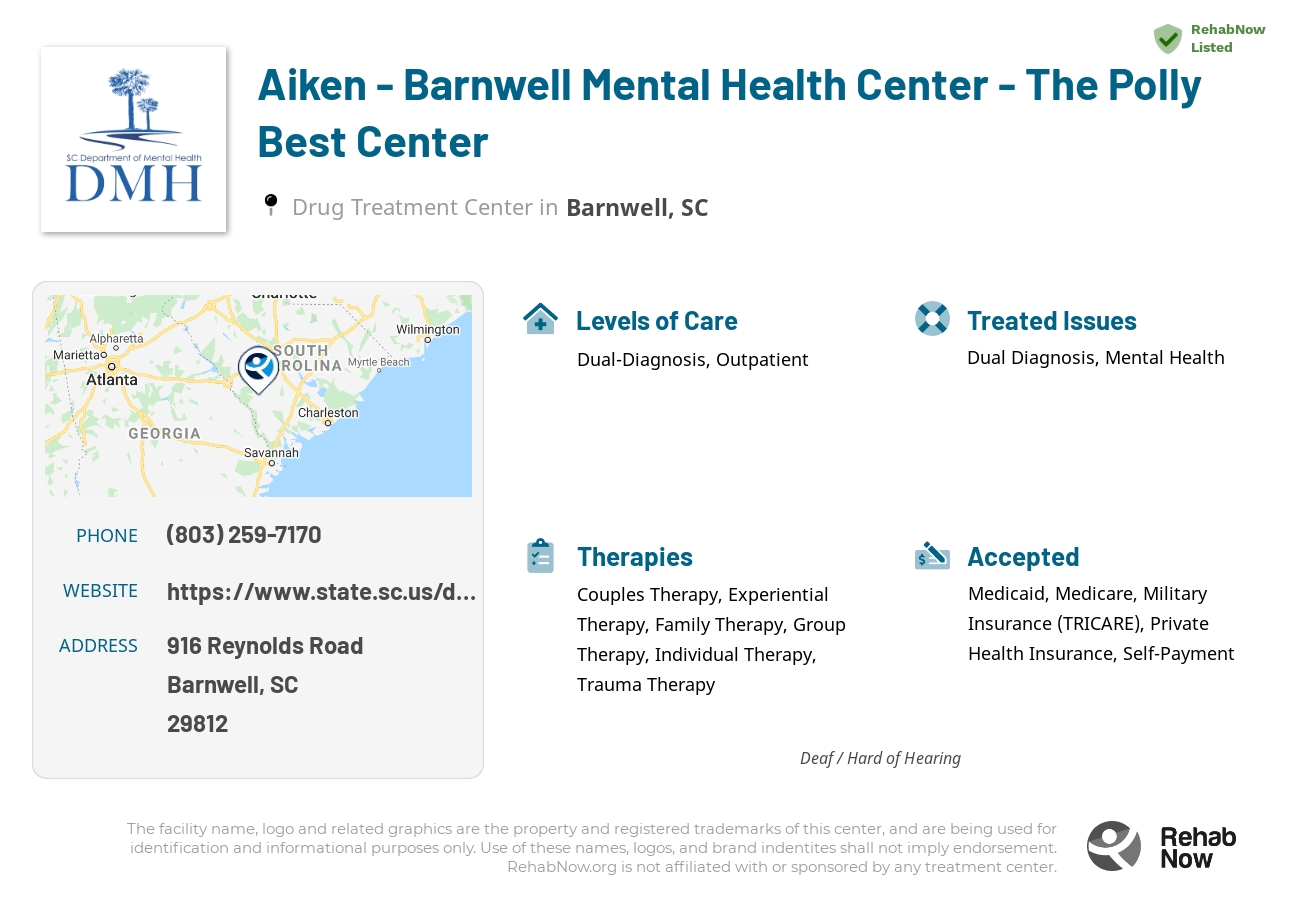 Helpful reference information for Aiken - Barnwell Mental Health Center - The Polly Best Center, a drug treatment center in South Carolina located at: 916 916 Reynolds Road, Barnwell, SC 29812, including phone numbers, official website, and more. Listed briefly is an overview of Levels of Care, Therapies Offered, Issues Treated, and accepted forms of Payment Methods.