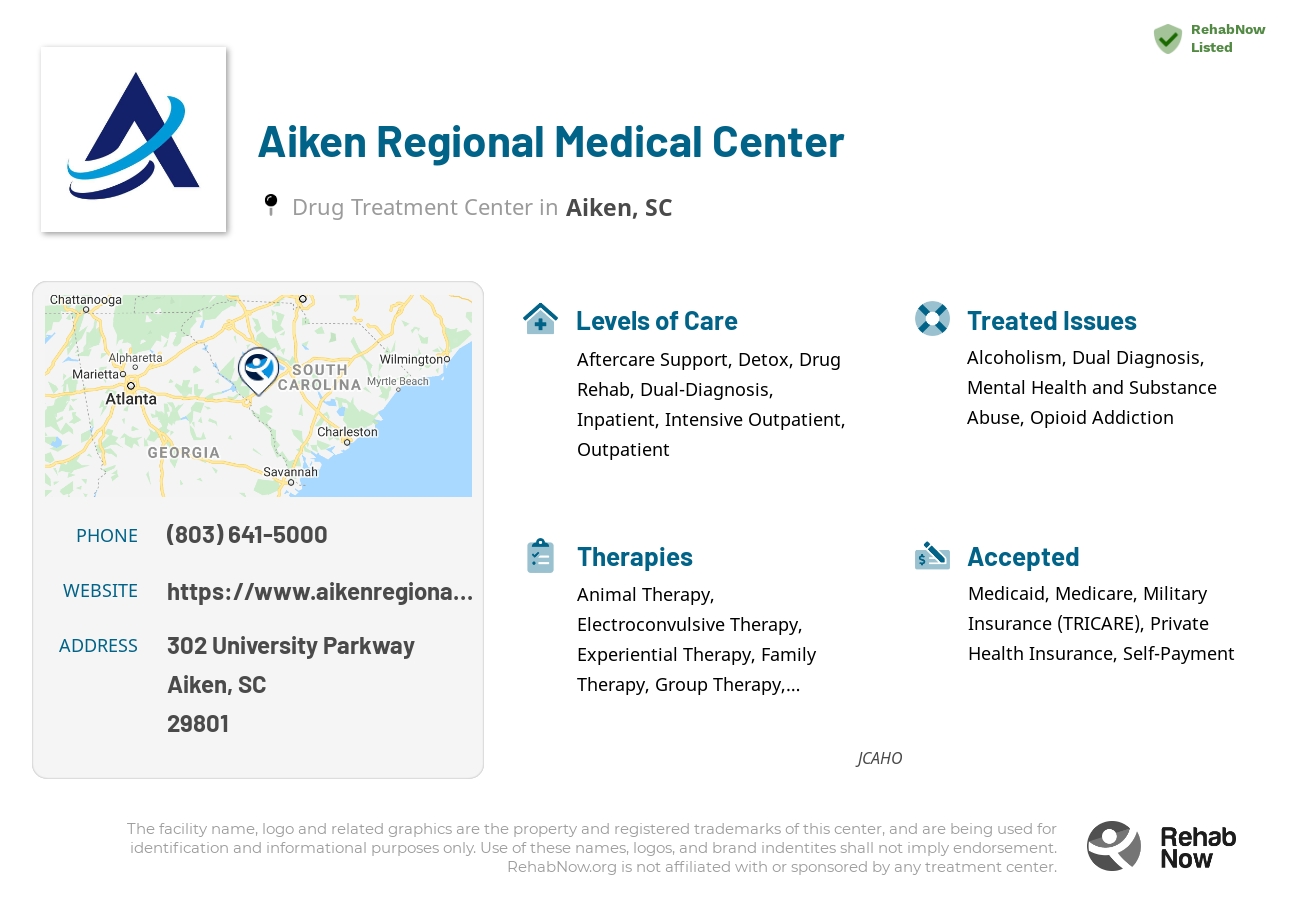 Helpful reference information for Aiken Regional Medical Center, a drug treatment center in South Carolina located at: 302 302 University Parkway, Aiken, SC 29801, including phone numbers, official website, and more. Listed briefly is an overview of Levels of Care, Therapies Offered, Issues Treated, and accepted forms of Payment Methods.