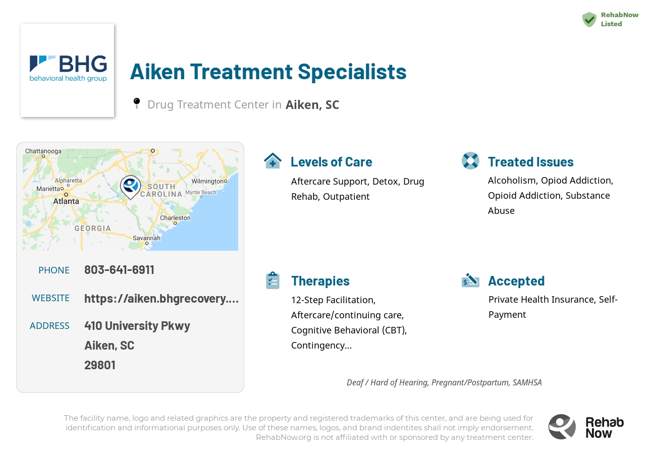Helpful reference information for Aiken Treatment Specialists, a drug treatment center in South Carolina located at: 410 University Pkwy, Aiken, SC 29801, including phone numbers, official website, and more. Listed briefly is an overview of Levels of Care, Therapies Offered, Issues Treated, and accepted forms of Payment Methods.