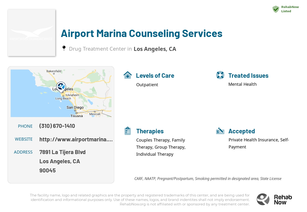 Helpful reference information for Airport Marina Counseling Services, a drug treatment center in California located at: 7891 La Tijera Blvd, Los Angeles, CA 90045, including phone numbers, official website, and more. Listed briefly is an overview of Levels of Care, Therapies Offered, Issues Treated, and accepted forms of Payment Methods.