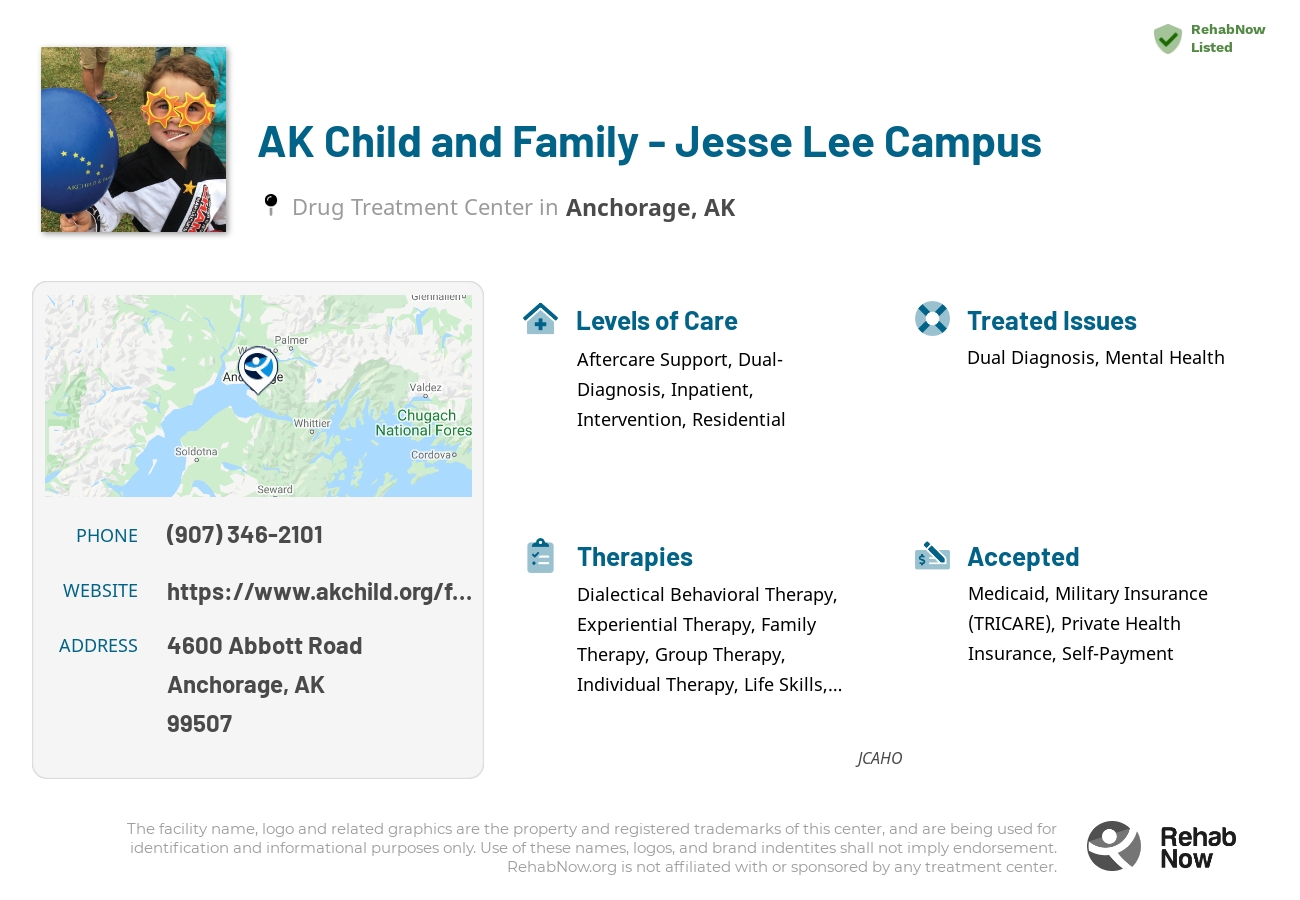 Helpful reference information for AK Child and Family - Jesse Lee Campus, a drug treatment center in Alaska located at: 4600 Abbott Road, Anchorage, AK, 99507, including phone numbers, official website, and more. Listed briefly is an overview of Levels of Care, Therapies Offered, Issues Treated, and accepted forms of Payment Methods.