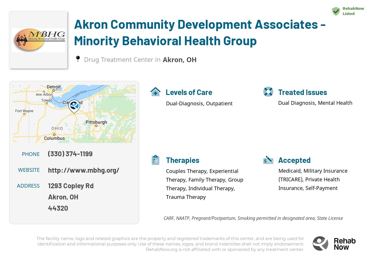 Helpful reference information for Akron Community Development Associates - Minority Behavioral Health Group, a drug treatment center in Ohio located at: 1293 Copley Rd, Akron, OH 44320, including phone numbers, official website, and more. Listed briefly is an overview of Levels of Care, Therapies Offered, Issues Treated, and accepted forms of Payment Methods.